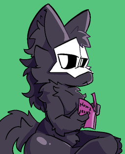 :< anthro arm_tuft black_body black_fur black_hair black_outline black_sclera book cheek_tuft crotch_tuft elbow_tuft facial_tuft fingers fluffy fluffy_tail fur glistening_thighs green_background hair holding_book holding_object inner_ear_fluff looking_at_viewer male mask mask_only nude open_mouth outline shoulder_tuft simple_background sitting snout solo tail text three-quarter_view tuft unimpressed white_eyes white_mask ikarapopsicle changed_(video_game) puro_(changed) canid canine canis goo_creature mammal wolf 2023 aliasing cel_shading digital_media_(artwork) english_text hi_res portrait shaded three-quarter_portrait