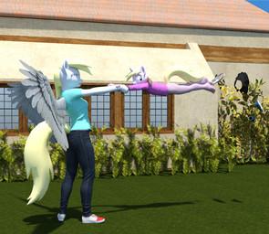 accident accidental_exposure anthro anthrofied assisted_exposure backyard barefoot blonde_hair bottomless bottomless_anthro bottomless_female bottomwear clothed clothing denim denim_bottomwear denim_clothing duo feet female footwear fur grey_body grey_fur hair horn jeans looking_back oblivious panties_off pants plantigrade shirt shoes shoes_removed skirt_removed sneakers spinning spread_wings t-shirt topwear wardrobe_malfunction wings young young_anthro young_female jawolfadultishart friendship_is_magic hasbro my_little_pony mythology derpy_hooves_(mlp) dinky_hooves_(mlp) equid equine horse mammal mythological_creature mythological_equine pegasus pony unicorn 3d_(artwork) digital_media_(artwork) hi_res daughter_(lore) mother_(lore) mother_and_child_(lore) mother_and_daughter_(lore) parent_(lore) parent_and_child_(lore) parent_and_daughter_(lore)