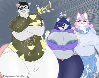 anthro areola areola_slip belly big_breasts black_hair blue_background breasts bulge clothing female fur grey_body grey_fur group hair happy huge_breasts looking_at_viewer male panties pink_body pink_fur pink_hair purple_hair simple_background slightly_chubby slightly_chubby_female slightly_chubby_male thick_thighs trio underwear wide_hips masterj291 patreon american_opossum canid canine domestic_cat felid feline felis fox mammal marsupial virginia_opossum 2026 digital_media_(artwork) hi_res busty_boy_(lore)