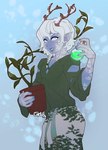 blue_body blue_lips blue_skin clothed clothing deer_antlers femboy grey_eyes hair lips male mottled mottled_body mottled_skin plant pointy_ears potion snow solo white_hair tinycactus deer humanoid mammal