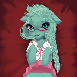 blue_eyes bottomwear braided_hair clothed clothing clothing_lift dress eyelashes eyewear female feral glasses green_hair hair lips nude red_background red_lips school shirt simple_background skirt skirt_lift solo topwear minibabylizard hasbro my_little_pony equid equine horse mammal pony hi_res