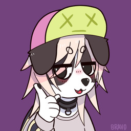 :3 ambiguous_gender anthro black_collar black_eyes black_nose brown_body brown_ears brown_fur clothing collar fangs floppy_ears folded_ears fur gesture hair half-closed_eyes hand_gesture hat headgear headwear narrowed_eyes open_mouth open_smile pink_clothing pink_hair pink_hat pink_headwear pink_shirt pink_topwear purple_background raised_finger raised_index_finger shirt simple_background smile solo teeth topwear white_body white_fur bravobunny canid canine canis domestic_dog mammal 1:1 bust_portrait icon portrait