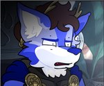 anthro armor blue_body blue_fur brown_hair disgust fur hair male plant solo flashgitz canid canine mammal