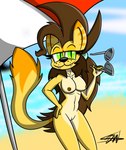 anthro beach breasts brown_hair brown_nipples eyewear fangs female fur genitals green_eyes hair long_hair nipples nude orange_body orange_fur pussy sand seaside solo sunglasses teeth umbrella yellow_body yellow_fur phalanx_b_deer catherine_claws domestic_cat felid feline felis mammal 2018 absurd_res hi_res