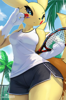 3_fingers anthro biped black_sclera blue_eyes bottomwear breasts clothed clothed_anthro clothed_female clothing dolphin_shorts eyebrows eyelashes female fingers front_view fur low-angle_view medium_breasts multicolored_body multicolored_fur outside palm_tree plant pupils shirt shorts tail tank_top tennis_racket thick_thighs topwear tree two_tone_body two_tone_fur white_body white_clothing white_fur white_shirt white_tank_top white_topwear yellow_body yellow_fur ozoneserpent bandai_namco digimon canid digimon_(species) mammal renamon 2024 2:3 alternate_version_at_paywall digital_media_(artwork)