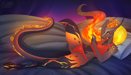 anthro bed bedroom chill clothing female fire furniture hooves horn lava muscular panties reward solo tail underwear sunny_way mythology demon dragon hybrid mythological_creature mythological_scalie scalie hi_res