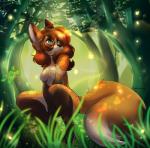 ambiguous_gender anthro female female_focus fluffy fluffy_tail forest green_eyes group hair long_ears plant red_hair sitting solo_focus tail tree theredghost autumn_(praexon) ambient_arthropod ambient_insect arthropod beetle canid canine elateroid firefly fox insect mammal red_fox true_fox 2019 digital_media_(artwork) shaded