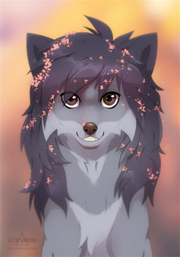 accessory ahoge brown_nose cheek_tuft eyelashes facial_tuft fangs female feral flower flower_in_hair front_view fur grey_body grey_fur grey_hair grey_markings hair hair_accessory long_hair looking_at_viewer markings nide pink_flower plant smile smiling_at_viewer teeth tuft azzai canid canine canis mammal wolf 2018 colored digital_drawing_(artwork) digital_media_(artwork) shaded