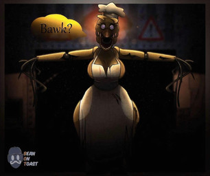 anthro apron beak big_breasts breasts clothing feathers female machine orange_beak purple_eyes solo thick_thighs yellow_body yellow_feathers beanontoast five_nights_at_freddy's five_nights_at_freddy's_2 scottgames withered_chica_(fnaf) animatronic avian bird chicken chicken_girl galliform gallus_(genus) phasianid robot hi_res