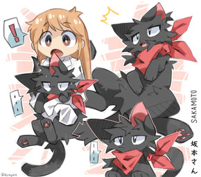 black_body black_fur duo female feral fur held_up male pawpads scarf simple_background surprised text kireymin nichijou hakase_shinonome sakamoto_(nichijou) domestic_cat felid feline felis human mammal english_text hi_res japanese_text