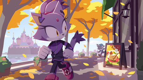 5_fingers anthro autumn biped black_nose castle clothing coat day duo falling_leaves female fingers footwear fur gloves handwear hat headgear headwear leaf light male outside plant plant_pot potted_plant purple_body purple_fur river running shoes sunlight topwear tree water white_clothing white_gloves white_handwear yellow_eyes uno_yuuji sega sonic_channel sonic_the_hedgehog_(series) blaze_the_cat coconut_crew gardon domestic_cat felid feline felis mammal 16:9 2025 cel_shading digital_drawing_(artwork) digital_media_(artwork) lineless official_art shaded wallpaper widescreen