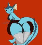 2018 absurd_res anthro anthrofied bent_over big_butt bottomwear breasts butt butt_focus clothed clothing cosmicscourge dancewear eeveelution female generation_1_pokemon hi_res legwear looking_at_viewer looking_back nintendo panties pokemon pokemon_(species) pokemorph red_background simple_background skirt smile solo tail tail_under_skirt thick_thighs tutu underwear vaporeon