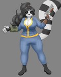 anthro big_breasts breasts cleavage clothed clothing female gun hair looking_at_viewer overalls ranged_weapon smile solo thick_thighs topwear weapon wide_hips blackbetty fallout microsoft franciene_(tango's_family) mammal procyonid raccoon 4:5 hi_res