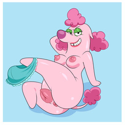 animal_genitalia animal_vulva anthro anus areola border breasts butt canine_genitalia canine_vulva clothed clothing clothing_around_one_leg eyeshadow female fur genitals green_eyeshadow lipstick looking_at_viewer makeup nipples panties panties_around_one_leg panties_down partially_clothed pink_body pink_fur solo teeth tooth_gap toothy_smile underwear underwear_around_one_leg underwear_down vulva white_border lonbluewolf almost_naked_animals poodle_(almost_naked_animals) canid canine canis domestic_dog mammal poodle 1:1 2025 hi_res