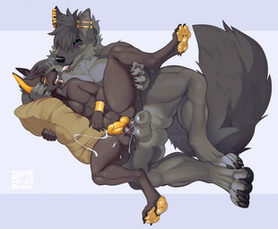 4_toes 5_fingers abdominal_bulge anal anal_penetration animal_genitalia animal_penis anthro anthro_on_anthro anthro_penetrated anthro_penetrating anthro_penetrating_anthro ball_size_difference balls balls_deep big_balls black_body black_claws black_eyebrows black_fur black_hair black_nose black_pawpads black_penis black_tail blush bodily_fluids bracelet butt canine_genitalia canine_penis cheek_tuft claws closed_smile cum cum_in_ass cum_inside cum_on_butt cum_while_penetrated cumshot dominant dominant_anthro dominant_male duo ear_piercing ear_ring ejaculation erection eye_contact eyebrows facial_markings facial_piercing facial_tuft fangs feet fingers from_behind_position fur genital_fluids genitals gloves_(marking) gold_penis golden_body golden_inner_ear golden_markings golden_pawpads green_eyes grey_background grey_balls grey_body grey_fur hair half-closed_eyes hand_on_face hand_on_leg hand_on_partner's_face hand_on_partner's_leg head_markings hug hugging_object hugging_pillow humanoid_genitalia humanoid_penis industrial_piercing jewelry knot knotted_penis large_penetration larger_dom logo looking_at_another looking_at_partner looking_down looking_down_at_partner looking_up looking_up_at_partner lying male male/male male_penetrated male_penetrating male_penetrating_male markings mouth_closed narrowed_eyes nude on_side one_leg_up open_mouth open_smile orgasm orgasm_face pawpads paws penetration penile penile_penetration penis penis_in_ass piercing pillow purple_eyes raised_leg ring_piercing saliva sex simple_background size_difference smile smirk smug spitting spitting_in_mouth spoon_position spread_legs spreading submissive submissive_anthro submissive_male sweat sweatdrop sweaty_balls sweaty_genitalia tail teeth text toe_claws toes tongue tongue_out tuft yellow_body yellow_fur yellow_inner_ear yellow_markings yellow_pawpads yellow_penis cosmicat edugta_(character) kahell anubian_jackal canid canine canis jackal mammal wolf 2026 absurd_res artist_logo artist_name digital_media_(artwork) hi_res signature