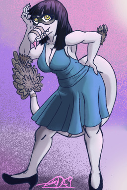 abstract_background anthro big_breasts black_hair blue_clothing blue_dress breasts cleavage clothed clothing dress elbow_feathers feathered_tail feathers female footwear grey_body grey_feathers hair hand_on_hip hand_on_own_hip high_heels long_hair long_tail scales sharp_teeth shoes smile snaggle_teeth snout solo tail tail_tuft teeth tongue tongue_out tuft white_body white_scales yellow_eyes godai_v cavemanon_studios i_wani_hug_that_gator lunara_(iwhtg) bambiraptor dinosaur dromaeosaurid feathered_dinosaur feathered_scalie prehistoric_species reptile saurischian scalie theropod 2026 2:3 digital_drawing_(artwork) digital_media_(artwork) hi_res signature