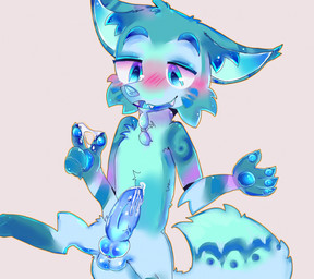 after_masturbation anthro blue_body blue_eyes blue_fur blue_penis blush bodily_fluids cum erection facial_hair fur genital_fluids genitals goatee knot male nude pawpads paws penis solo featherbitter disney elena_of_avalor zuzo canid canine fox ghost mammal spirit