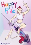 anthro bottomwear clothed clothing fur hair lgbt_pride looking_at_viewer midriff multicolored_text navel pride_colors solo syringe tail tail_tuft text tongue topwear transgender_pride_colors tuft snofu snofu_(character) felid mammal 2020 english_text hi_res