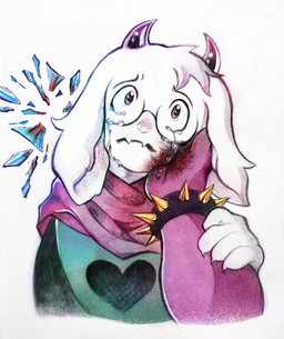 anthro blood blood_on_face blood_on_hand bodily_fluids clothed clothing comforting crying duo eyewear female floating_hands glasses horn male sad simple_background spoiler spoiler_alert tears valenslimes deltarune undertale_(series) ralsei susie_(deltarune) bovid caprine goat mammal absurd_res hi_res mixed_media traditional_media_(artwork)