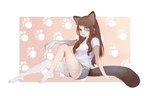 barefoot blue_eyes bottomwear brown_eyes brown_hair clothing feet female fur grey_body grey_fur hair human_to_anthro looking_at_viewer shirt shorts simple_background sitting smile solo species_transformation tail topwear transformation white_background white_clothing white_shirt white_topwear ora_ozen domestic_cat felid feline felis human mammal 2024 absurd_res hi_res