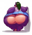 anthro big_butt bottomwear brown_eyes butt butt_focus clothed clothing female green_hair hair huge_butt hyper hyper_butt looking_at_viewer looking_back microskirt miniskirt no_underwear obese obese_anthro obese_female overweight overweight_anthro overweight_female purple_body rear_view skirt smile solo kazecat bertha_(kazecat) common_hippopotamus hippopotamid mammal 2014 hi_res