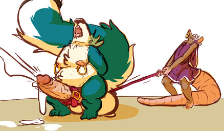 anthro balls belly big_balls big_belly big_penis big_tail bodily_fluids clothing collar_on_penis cum cum_puddle duo ejaculation excessive_cum excessive_genital_fluids facial_piercing fluffy fluffy_tail genital_fluids genitals huge_balls huge_penis hyper hyper_balls hyper_genitalia hyper_penis larger_male leash leash_pull male male/male nipple_piercing nipple_ring nipples nose_piercing nose_ring open_mouth orgasm_face overweight overweight_male penis piercing ring_piercing robe septum_piercing septum_ring size_difference smaller_male tail vein veiny_penis joebluefox gerrark joe_(joebluefox) canid canine fox mammal murid murine rat rodent
