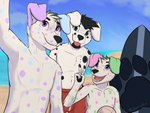 anthro beach clothing family footprint gesture group hand_gesture male markings outside pawprint pawprint_(marking) seaside selfie swimming_trunks swimwear v_sign young young_anthro young_male zenthecaracal adam_(spottyadam) domino_(spottydog) jakey_(jakeypup) canid canine canis dalmatian domestic_dog mammal 4:3 hi_res cousins_(lore) sibling_(lore)