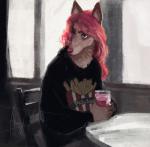 anthro beverage biped cafe chair clothing female furniture hair pink_hair sitting solo table whiskers window nayshie canid canine mammal hi_res traditional_media_(artwork)