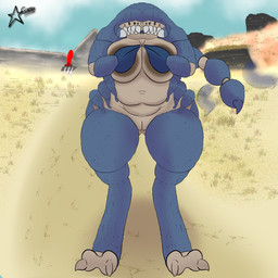 big_breasts big_butt breasts butt covering covering_breasts female genitals larger_female multi_eye multi_limb shy size_difference slightly_chubby slightly_chubby_female solo tail thick_thighs vulva cosmosarts fallout microsoft arachnid arthropod scorpion 1:1 absurd_res hi_res