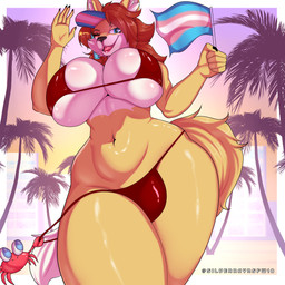 anthro beach big_breasts bikini bikini_bottom bikini_top black_nails blue_eyes braided_hair breast_squish breasts brown_body brown_fur building bulge cheek_tuft clothed clothing colored_nails countershade_face countershade_torso countershading detailed_background eyelashes facial_tuft female feral fingers flag flag_(object) fur gesture glistening glistening_body glistening_breasts glistening_clothing glistening_swimwear glistening_thighs gynomorph hair hat headgear headwear holding_flag holding_object huge_breasts intersex lgbt_pride lips lipstick looking_at_viewer makeup nails navel one_eye_closed open_mouth palm_tree plant pride_color_accessory pride_color_flag pride_colors pulling_bikini_down red_bikini red_bikini_bottom red_bikini_top red_clothing red_hair red_swimwear smile solo squish star_(shape) sunset swimwear tail teeth thick_thighs transgender_pride_colors tree tuft two-piece_swimsuit waving waving_flag wink silverray17 lgbt_pride_month wolf_nanaki arthropod canid canine canis crab crustacean decapod malacostracan mammal red_wolf wolf 1:1 absurd_res hi_res trans_(lore) trans_woman_(lore)