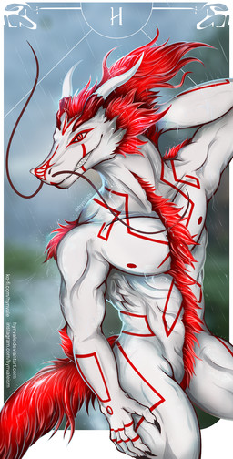 anthro ass_up athletic athletic_anthro athletic_male biceps blurred_background bodypaint chest_fur clothing face_paint feathers fur hair horn legwear long_hair looking_at_viewer male muscular muscular_anthro muscular_male muscular_thighs nature nature_background pose raining red_body red_fur river simple_background smile smirk solo spicy tail thigh_highs whiskers white_body wide_chest hynvale mythology peverth_(dragonmate7) dragon eastern_dragon mythological_creature mythological_scalie scalie hi_res portrait three-quarter_portrait