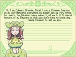 big_breasts breasts brown_hair clothed clothing female green_background hair looking_at_viewer simple_background solo text milkbuni nintendo pokemon katie_(milkbuni) pokemon_breeder human mammal 2023 english_text