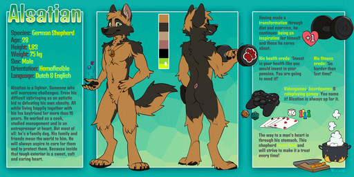 anthro arm_tuft athletic athletic_anthro athletic_male biped black_body black_claws black_ears black_fur black_nose black_pawpads black_tail brown_body brown_fur brown_hair brown_tail butt cheek_tuft chest_tuft claws controller d20 dice digitigrade elbow_tuft exercise facial_tuft front_view fur game_controller glistening glistening_eyes glistening_nose green_eyes hair hand_on_hip inner_ear_fluff jewelry looking_at_viewer male neck_tuft necklace nude pawpads playstation_controller rear_view red_inner_ear short_hair shoulder_tuft smile solo standing tail tan_inner_ear_fluff text tuft weightlifting workout yookie playstation sony_corporation sony_interactive_entertainment canid canine canis domestic_dog german_shepherd herding_dog mammal pastoral_dog absurd_res english_text hi_res model_sheet signature