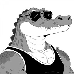anthro countershade_neck countershade_torso countershading eyewear male muscular muscular_male pecs scales scutes sharp_teeth snout solo sunglasses teeth flannelriot crocodile crocodilian reptile scalie 1:1 hi_res monochrome signature