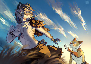 anthro blue_eyes brown_body brown_fur cloud cloudy_sky duo dusk female fur green_eyes grey_body grey_fur male running_away sky tribal white_body white_fur geaidu lumy rikki_(purrma) cougar felid feline mammal pantherine snow_leopard 2025 absurd_res hi_res