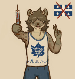 anthro bottomwear canada canadian_flag clothing drugs ears_up gesture hair hand_gesture hidden_eyes holding_needle holding_object long_hair looking_at_viewer male maple_leaf pants quebec quebec_flag shirt solo tank_top text text_on_clothing tongue tongue_out topwear v_sign reynard_goodfellow nhl novo_nordisk ozempic toronto_maple_leafs raymond_hyena hyena mammal english_description english_text