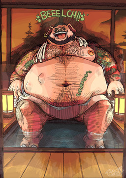 abdominal_bulge anthro arm_hair beard belly_hair body_hair burping chest_hair ear_piercing ear_ring facial_hair male male_pred musclegut muscular muscular_arms nipples overweight overweight_male piercing ring_piercing rumbling_stomach same_size_vore solo spa tattoo tongue tongue_out towel vore chopangigante domestic_pig mammal suid suine sus_(pig) hi_res