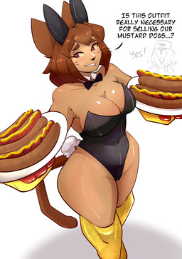 anthro big_breasts bow_tie breasts brown_body brown_hair bunny_costume clothing collarbone costume dialogue eyebrows eyelashes fake_ears fake_rabbit_ears female food glistening glistening_breasts hair high-angle_view holding_object holding_plate hot_dog leotard navel_outline plate red_eyes shirt_collar solo text whiskers wide_hips yellow_sclera zevulpes gameoverse glitch_productions kit_bodega domestic_cat felid feline felis mammal 2026 absurd_res english_text hi_res