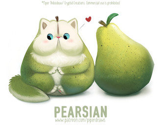 ambiguous_gender blue_eyes blush feral food fruit fur green_body green_fur heart_symbol humor leaf pawpads pear pink_pawpads plant pun simple_background solo text visual_pun white_background white_body white_fur piper_thibodeau domestic_cat felid feline felis food_creature mammal persian_cat 2020 digital_media_(artwork) digital_painting_(artwork) english_text painting_(artwork) url