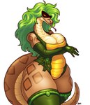 anthro armwear big_breasts breasts cleavage clothed clothing curvy_female curvy_figure elbow_gloves female forked_tongue gloves green_hair hair handwear leotard long_neck non-mammal_breasts pupils scales simple_background slit_pupils solo thick_thighs tongue tongue_out ventral_scales voluptuous_anthro voluptuous_female white_background wide_hips blazbaros reptile scalie snake titanoboa 2024 hi_res