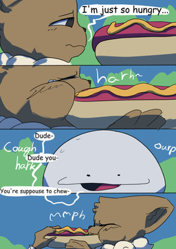 bodily_fluids brown_body dialogue eyes_closed food hot_dog onomatopoeia outside simple_background sound_effects speech_bubble stuffing tears text vocalization 6saw789 nintendo pokemon anon eevee generation_1_pokemon pokemon_(species) 2025 absurd_res comic digital_drawing_(artwork) digital_media_(artwork) english_text hi_res shaded