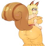 animal_humanoid bare_shoulders big_breasts big_butt big_tail biped blonde_hair blue_eyes blush bottomwear breasts brown_body brown_fur butt clothed clothing curvy_figure dipstick_ears dress ear_markings eyewear female fluffy fluffy_tail fully_clothed fur glasses glistening glistening_body glistening_clothing glistening_fur hair hi_res humanoid light_body light_skin looking_at_viewer looking_back mammal mammal_humanoid markings monotone_hair multicolored_ears pinkkoffin portrait pupils rear_view rodent rodent_humanoid sciurid sciurid_humanoid simple_background solo standing striped_markings striped_tail stripes tail tail_markings thick_thighs three-quarter_portrait tight_clothing topwear tree_squirrel_humanoid two_tone_ears two_tone_tail voluptuous white_background white_pupils wide_hips yellow_bottomwear yellow_clothing yellow_dress yellow_topwear