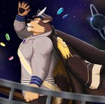 5_fingers anthro black_pawpads brown_body brown_fur brown_tail claws clothed clothing fingers fur humanoid_hands male multicolored_body multicolored_fur pawpads planet planet_rings solo tail tan_body tan_fur tan_tail two_tone_body two_tone_fur two_tone_tail goofq_sumato lifewonders live_a_hero pubraseer canid canine canis domestic_dog mammal 2025 absurd_res hi_res