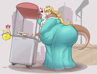 accessory alternate_species anthro belly belly_overhang big_belly big_breasts big_butt biped blonde_hair blue_clothing blue_dress blue_eyes breasts brown_body butt city cleavage clothed clothing crown dango_(food) dress duo eating eating_food exclamation_point eye_glint fat_arms female female_focus food food_stand fried_shrimp furgonomics furrification hair happy headband headgear heart_symbol holding_food holding_object holding_sushi huge_butt huge_hips japanese knife long_hair obese obese_anthro obese_female onigiri open_mouth open_smile outside overweight overweight_anthro overweight_female rice shocked side_view smile solo_focus standing sushi tail tail_motion tailwag wide_hips bee-unit mario_bros nintendo super_mario_galaxy rosalina_(mario) luma mammal mustelid otter 2025 digital_media_(artwork) hi_res