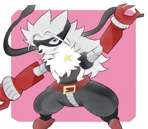 ambiguous_gender anthro belt bottomwear clothing footwear fur grey_body grey_fur grey_hair hair mask mechanical_arm pants red_eyes star teeth white_body white_fur zipper lucariooon bandai_namco digimon digimon_beatbreak digimon_(species) mammal wolvermon 2025 digital_media_(artwork)
