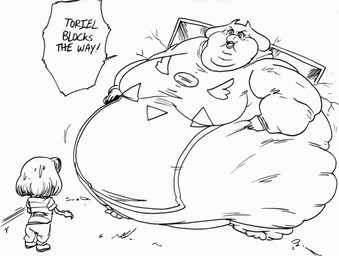 2_horns ambiguous_gender anthro anthro_focus barefoot belly belly_peeking_out big_belly big_breasts big_cheeks blush blush_lines breasts cankles chubby_cheeks clothed clothing cracks dialogue doorway double_chin duo fat_arms feet female female_focus floppy_ears frown horn huge_belly hyper hyper_belly larger_anthro larger_female leg_rolls lop_ears morbidly_obese morbidly_obese_anthro morbidly_obese_female neck_rolls obese obese_anthro obese_female open_frown open_mouth overweight overweight_anthro overweight_female robe simple_background size_difference speech_bubble talking_to_another text weight_difference white_background keij undertale undertale_(series) chara_(undertale) toriel boss_monster_(undertale) bovid caprine goat human mammal 2015 black_and_white english_text hi_res monochrome sketch