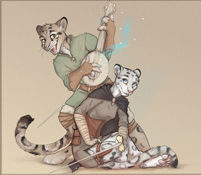 4_toes anthro barefoot brown_body brown_fur claws cloak clothed clothing digitigrade duo fangs feet female fully_clothed fur grey_body grey_fur holding_object holding_weapon lute male markings medieval_clothing musical_instrument open_mouth open_smile pawpads paws pink_pawpads playing_music plucked_string_instrument shirt simple_background sitting smile soles spots spotted_body spotted_fur string_instrument teeth toes topwear tunic weapon yshanii felid mammal 2021 digital_media_(artwork) shaded