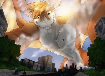 anthro black_bottomwear black_clothing blonde_hair blue_body bottomwear brown_clothing brown_topwear building clothed clothing day erection fangs foreskin front_view genitals glans glistening glistening_eyes green_eyes grin group hair humanoid_genitalia humanoid_penis macro male male_anthro membrane_(anatomy) membranous_wings messy_hair orange_body outside penis pink_glans plant running short_hair size_difference smile solo_focus teeth topless topwear tree white_body white_penis wings yellow_wings solaxe_(artist) mythology aerys bat canid canine dragon mammal mythological_creature mythological_scalie scalie