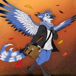 anthro autumn avian avian_feet back_wings beak bird blue_eyes blue_jay bluebird bottomless clothed clothing corvid deerwalker feathers female flat_colors hi_res jacket jay_(bird) leaves_blowing line_art long_ears looking_up messenger_bag new_world_jay oscine pantsless pantsless_female passerine scarf simple_background smile solo solo_focus spread_wings sweater tail tail_feathers thrush_(bird) tongue topwear wings