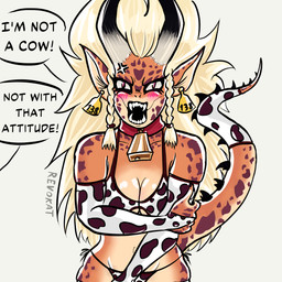 angry animal_print animal_print_bikini anthro bikini bikini_bottom bikini_top blush blushing_profusely breasts cleavage clothed clothing covering covering_crotch covering_self cow_print cow_print_bikini embarrassed female horn long_ears looking_at_viewer monster_girl_(genre) navel pattern_bikini pattern_clothing pattern_swimwear solo swimwear tail two-piece_swimsuit revokat chinese_zodiac one-punch_man one_(manga) year_of_the_ox raptora animal_humanoid humanoid lizard_humanoid monster reptile reptile_humanoid scalie scalie_humanoid 1:1 hi_res